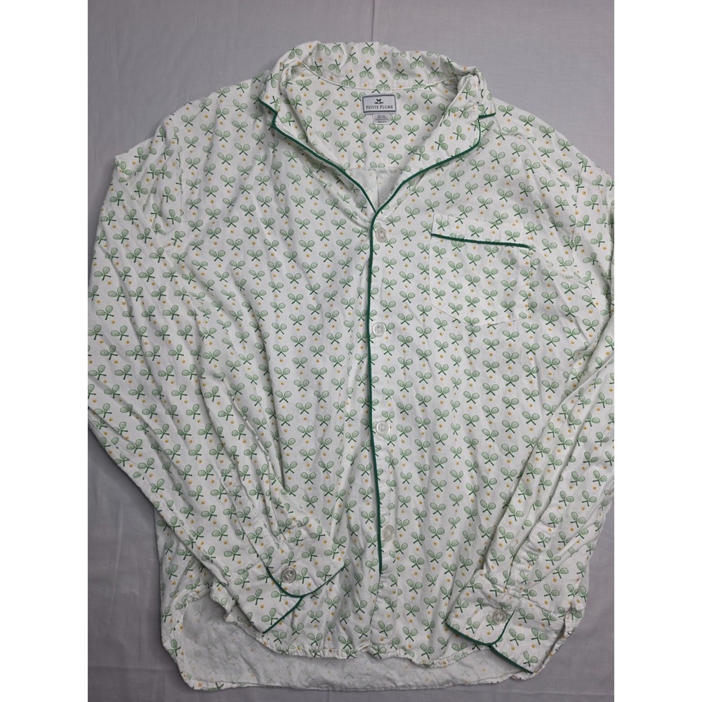 Petite Plume Pajama Shirt Men's Large White Cotton Twill Match Point Sleepwear